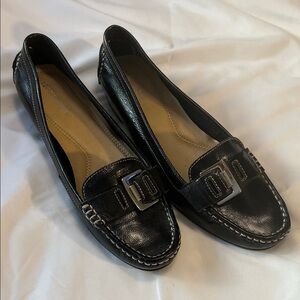 Naturalizer Black Leather Loafers with Silver Buckle